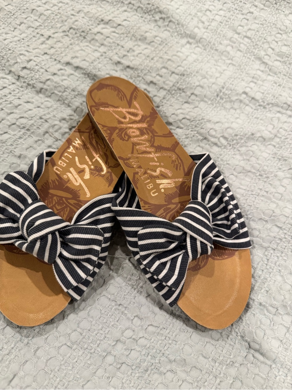 Blowfish Navy and White Striped Bow Slide Sandals - Casual Slip-On